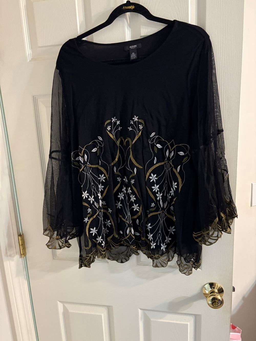 Alfani Black Mesh Sleeve Embroidered Floral Top